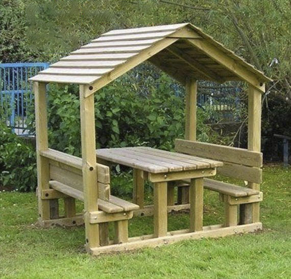 Một mẫu bàn ghế gỗ sân vườn đẹp kết hợp mái che